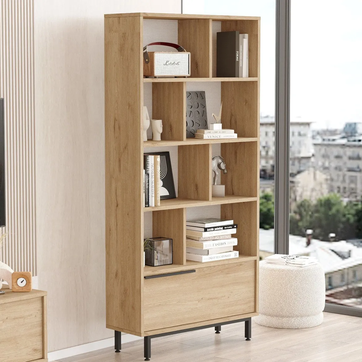 Libreria Marrone Rovere 9 Ripiani Installazione Libera 45x20x150h cm, Struttura Verticale - Mortara