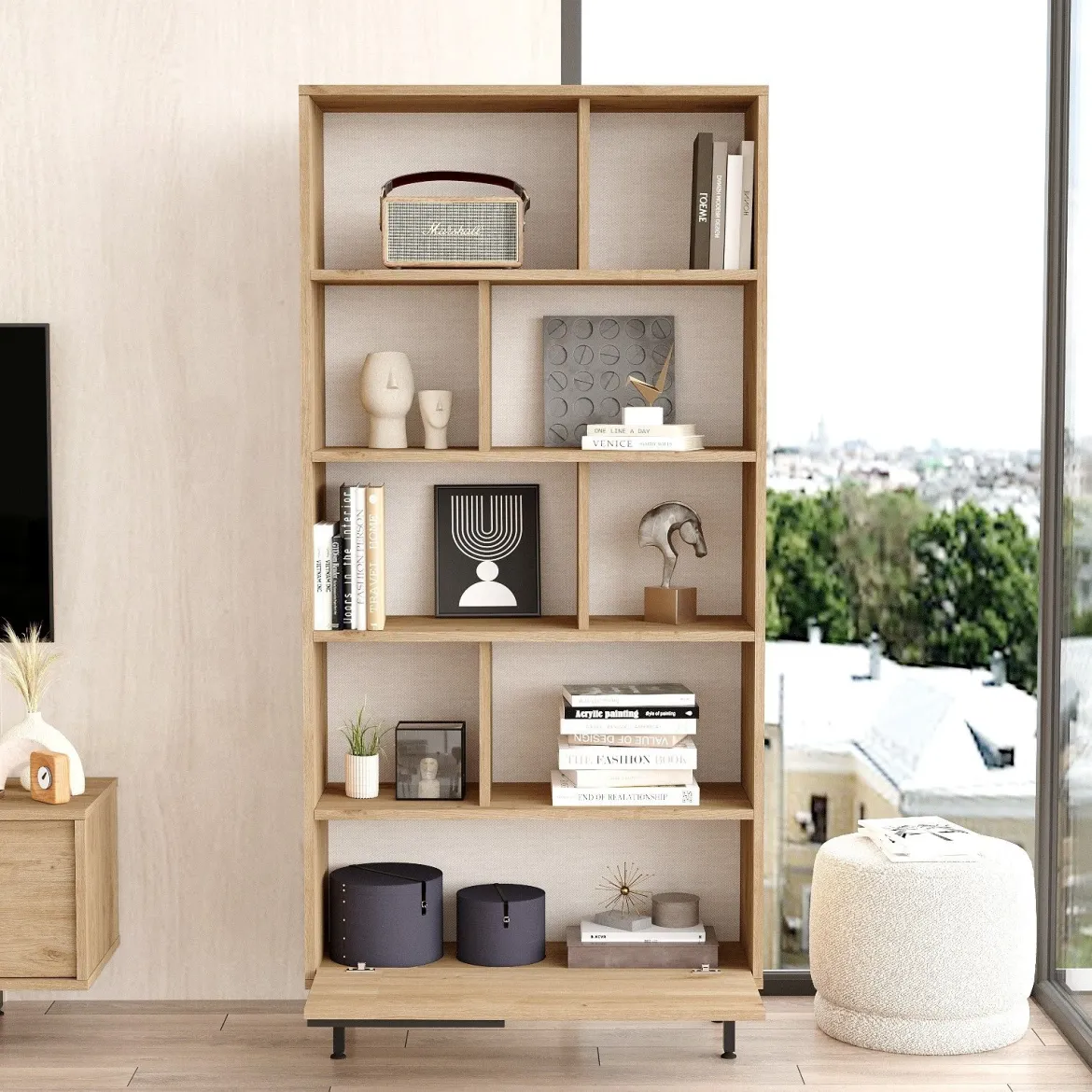 Libreria Marrone Rovere 9 Ripiani Installazione Libera 45x20x150h cm, Struttura Verticale - Mortara