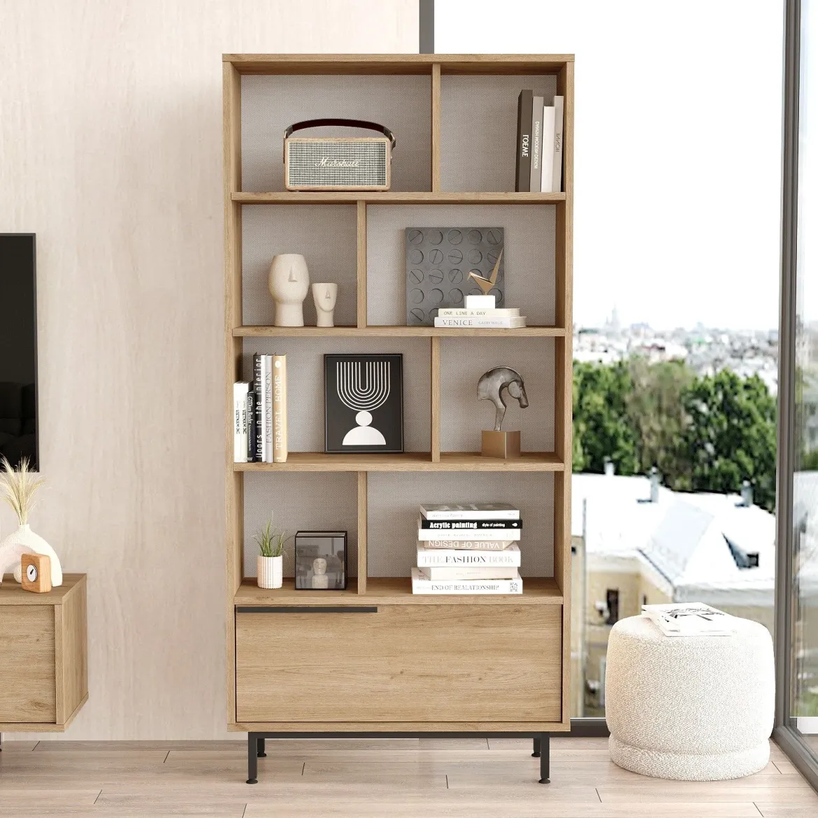 Libreria Marrone Rovere 9 Ripiani Installazione Libera 45x20x150h cm, Struttura Verticale - Mortara