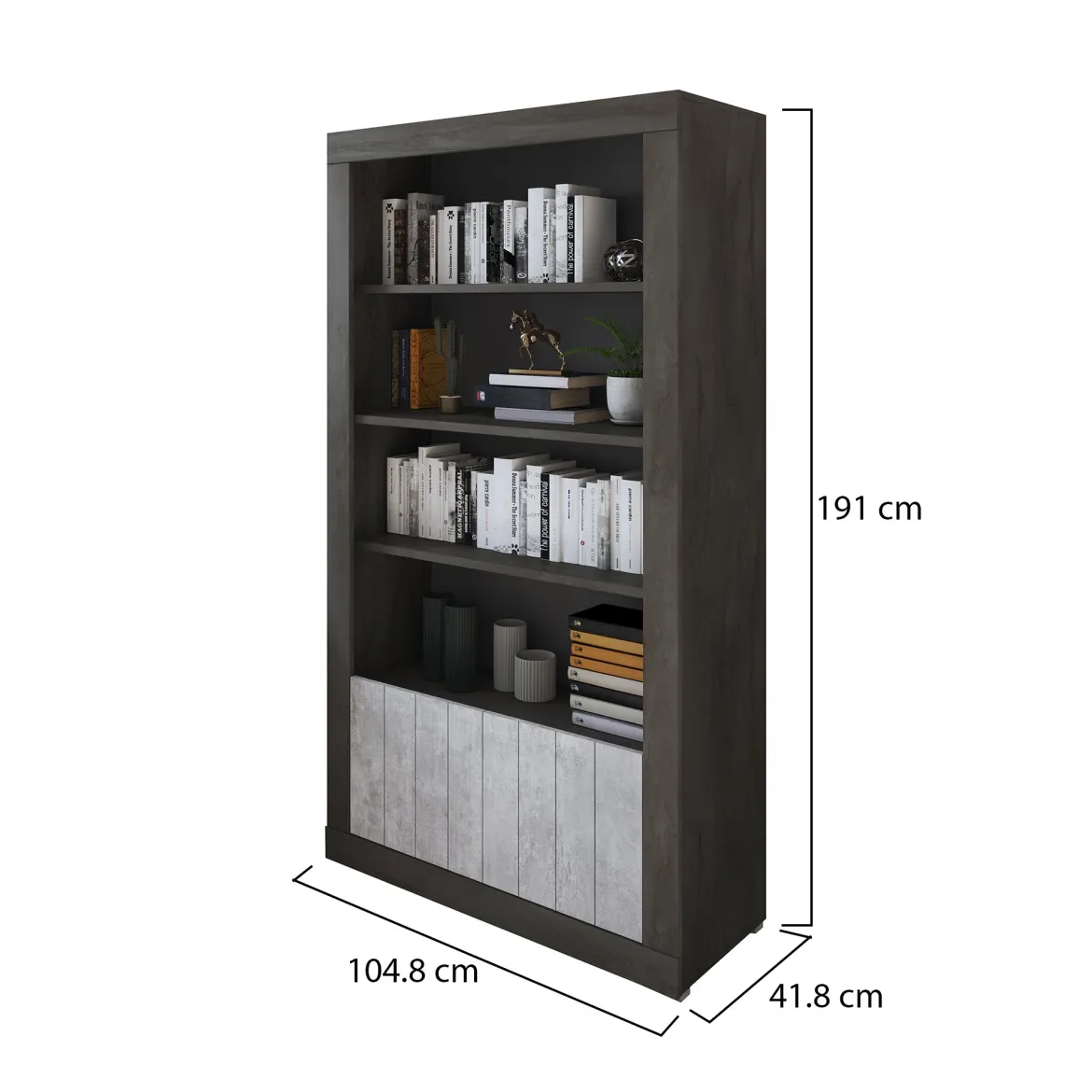 Libreria Nero Antracite Grigio Cemento 3 Ripiani 2 Ante 105x42x191h cm, Installazione a Terra - Spinoso