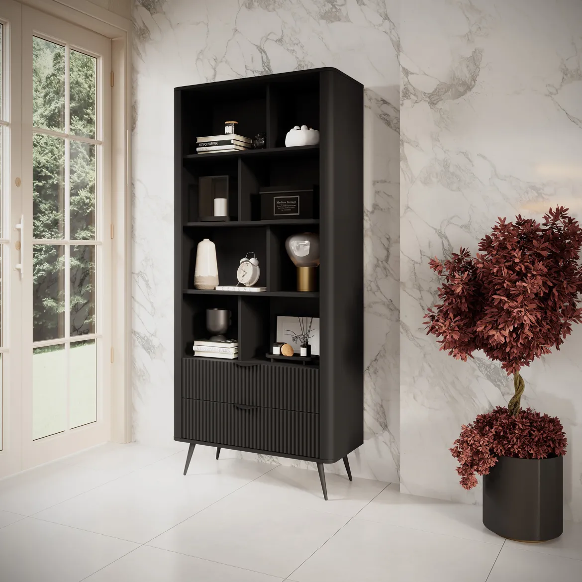Libreria Nero 2 Cassetti 4 Ripiani 88x38x194h cm, con Piedini - Kabavasi