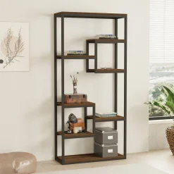 Libreria Nero Marrone Noce 6 Ripiani Installazione Libera 85x29x182h cm, Utilizzabile Come Divisorio Locale - Rofrano