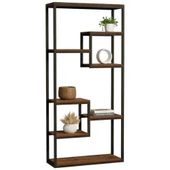 Libreria Nero Marrone Noce 6 Ripiani Installazione Libera 85x29x182h cm, Utilizzabile Come Divisorio Locale - Rofrano