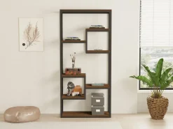 Libreria Nero Marrone Noce 6 Ripiani Installazione Libera 85x29x182h cm, Utilizzabile Come Divisorio Locale - Rofrano