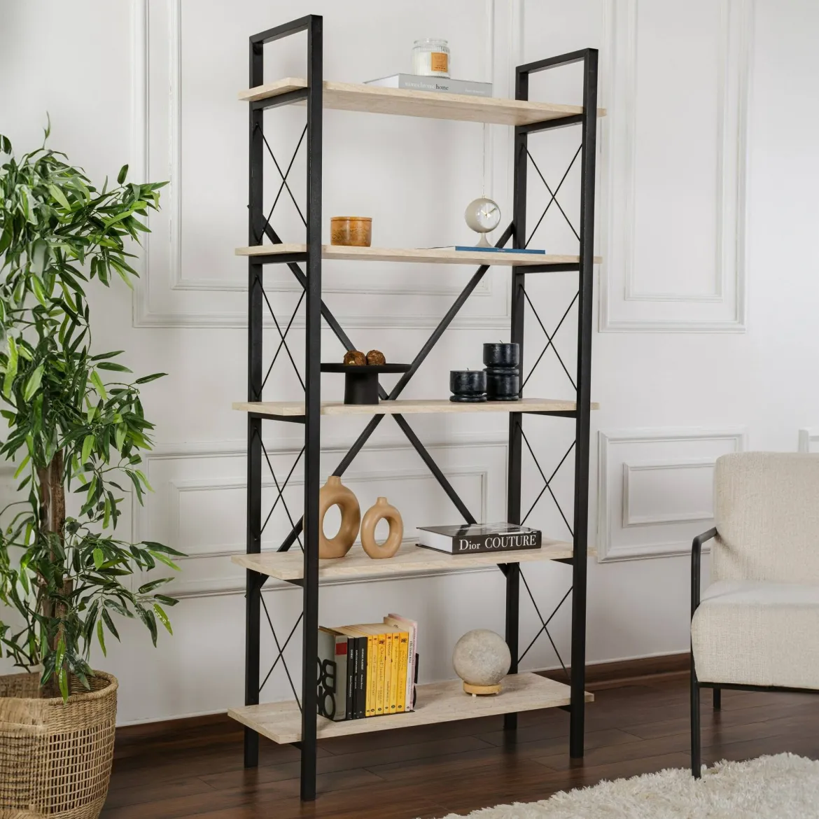 Libreria 5 ripiani beige e nera 90x180h cm - Suriel