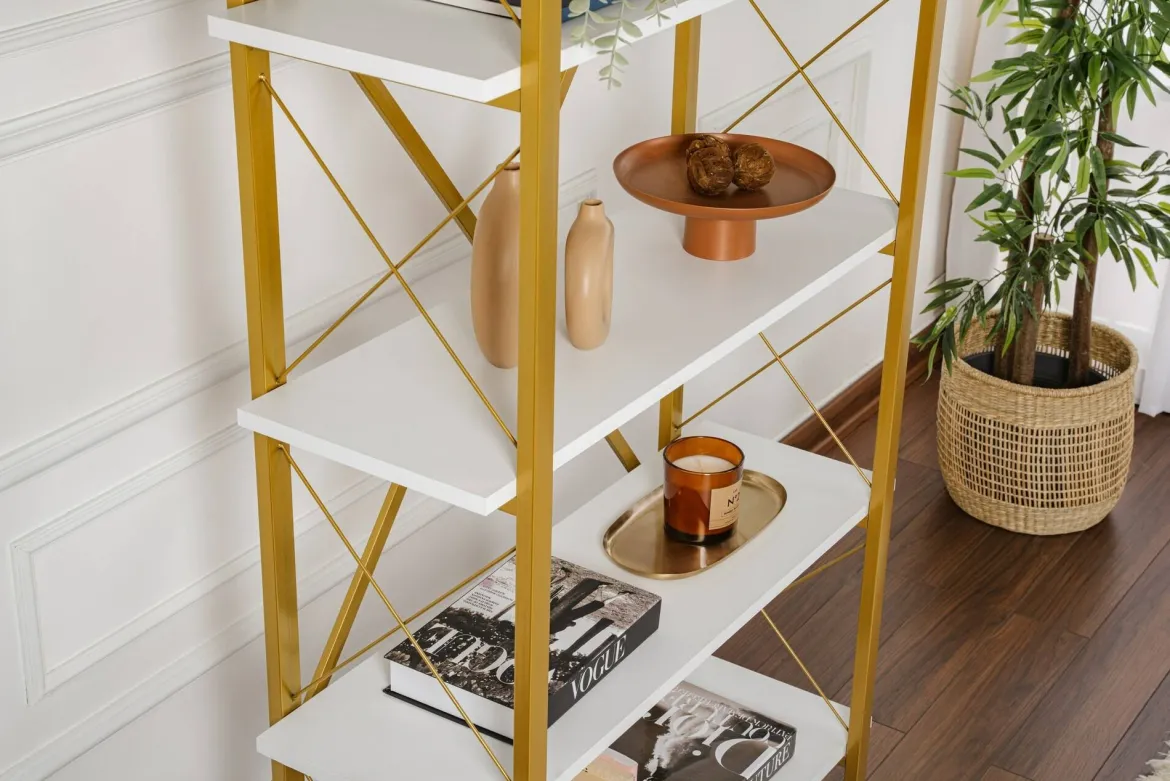 Libreria Suriel, 90x34 h180 cm, Bianco e Oro