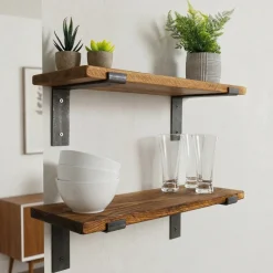 Mensola Marrone Naturale Nero 2 Ripiani in Legno di Abete, Fatto a Mano, set da 2 40x14x16h cm, Colore Struttura Nero - Rende