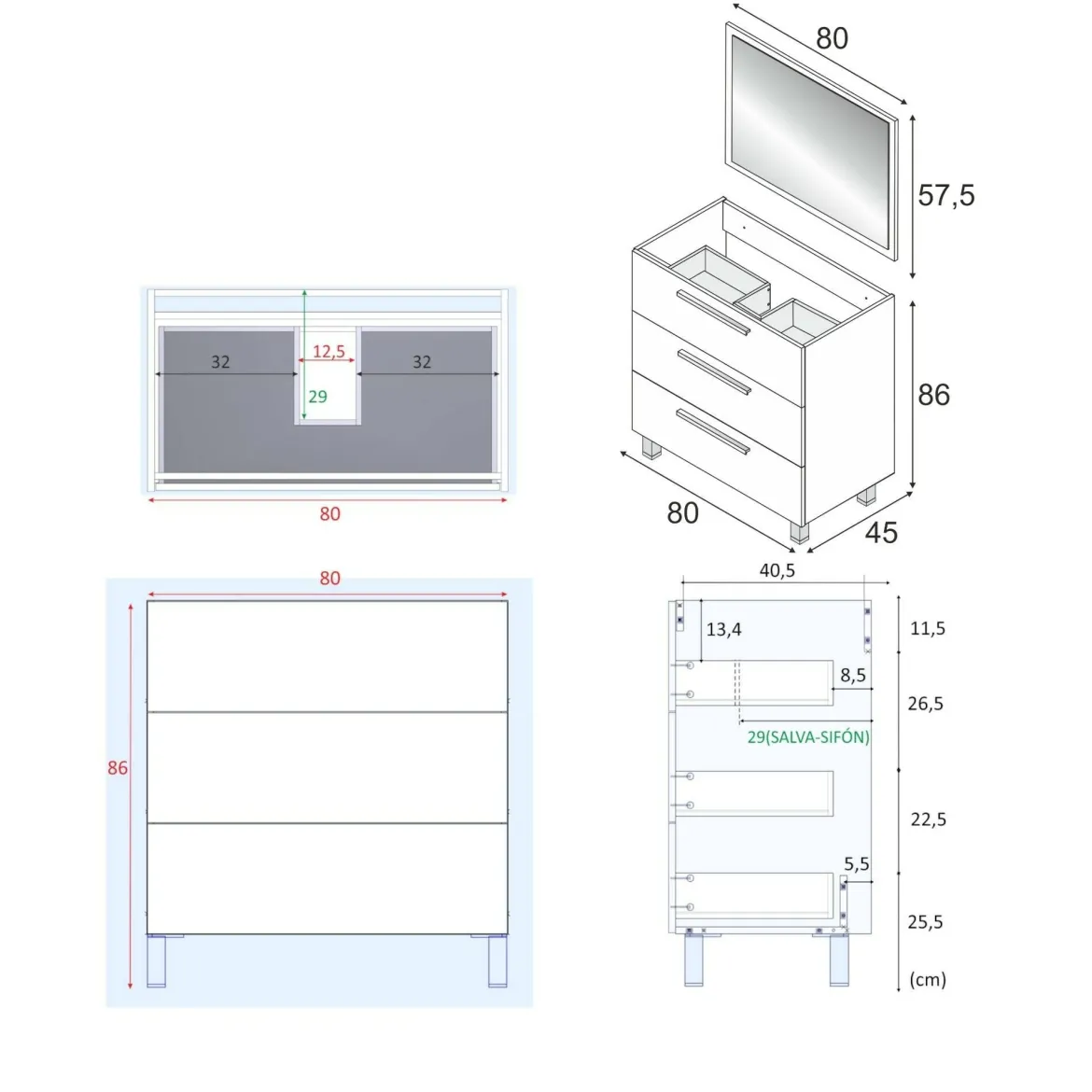 Mobile bagno antigraffio 3 cassetti 80x86x45h cm quercia - Elleboro