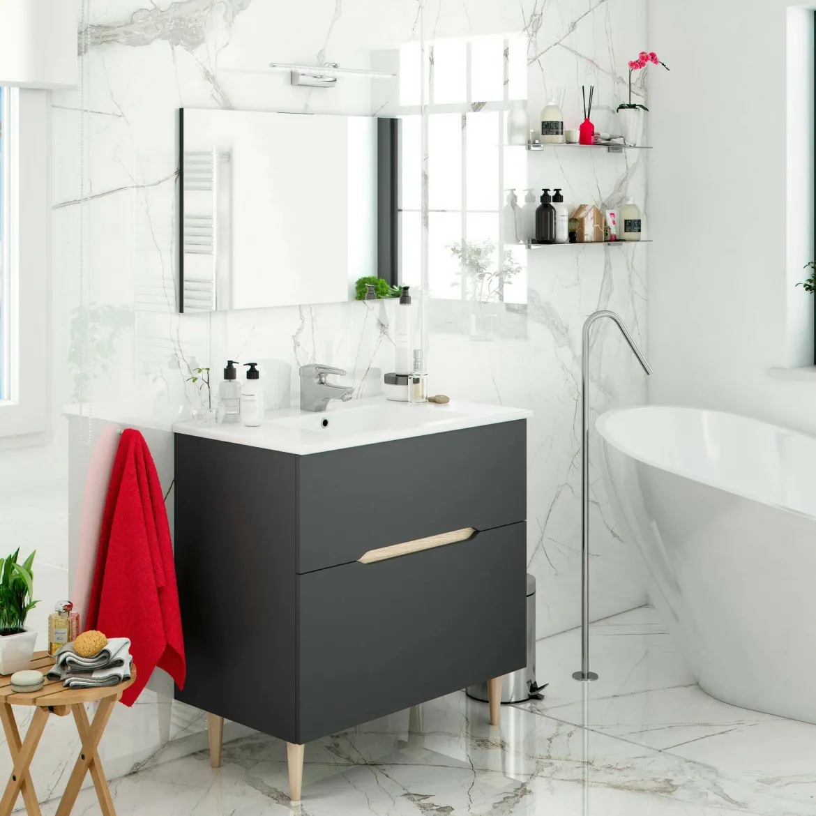 Mobile bagno con specchio 80x45x80h cm antracite e rovere - Avona