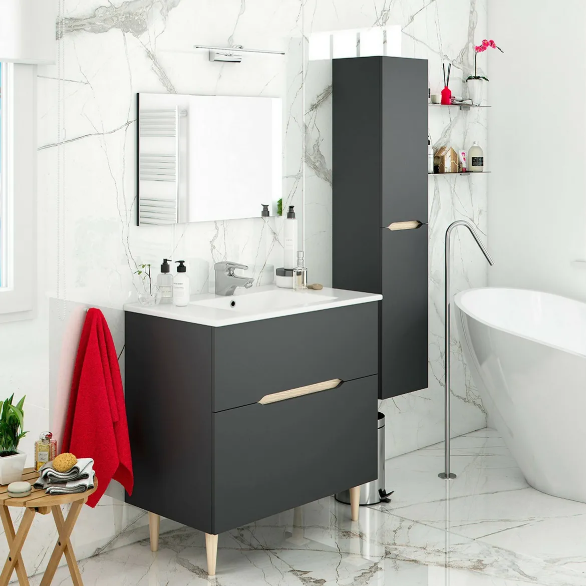 Mobile bagno con specchio 80x45x80h cm antracite e rovere - Avona