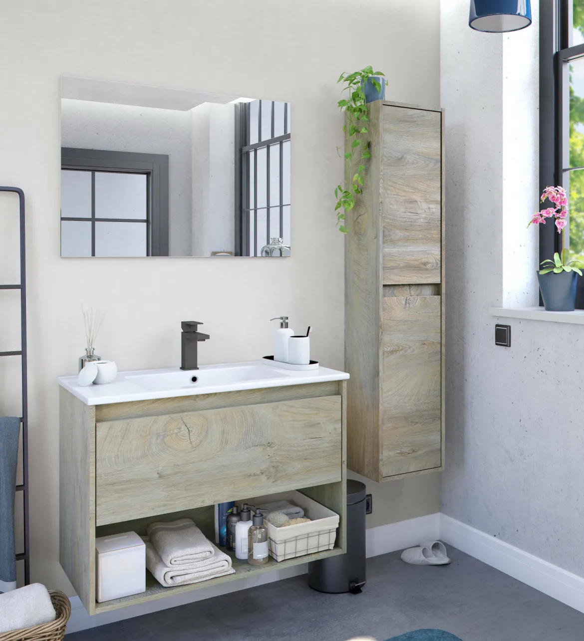 Mobile bagno sospeso con specchio 80x57x45h cm bianco lucido - Albino