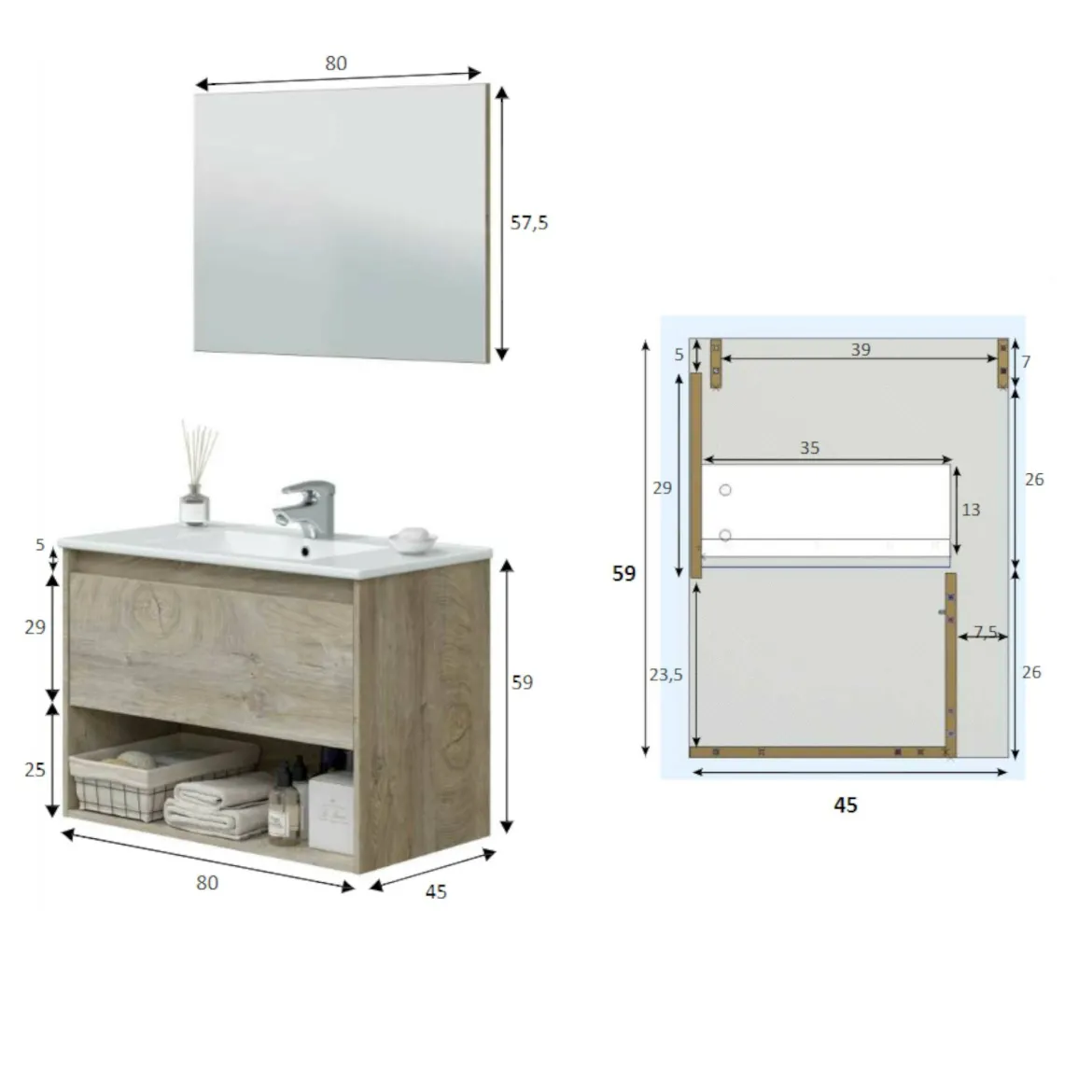 Mobile bagno sospeso con specchio 80x57x45h cm bianco lucido - Albino
