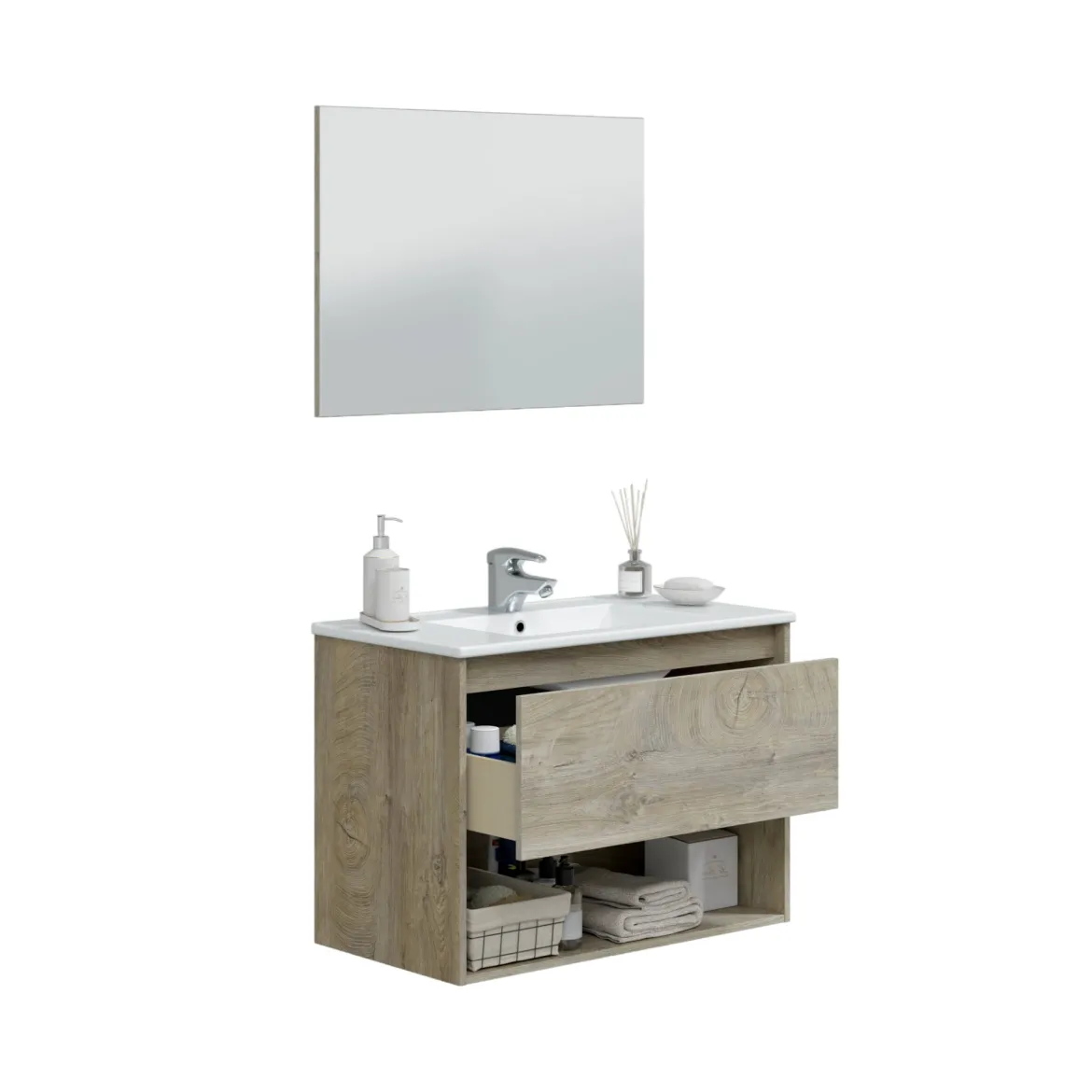 Mobile bagno sospeso con specchio 80x57x45h cm bianco lucido - Albino