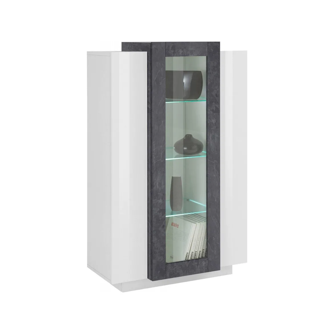 Mobile con vetrina da soggiorno 3 ante 80x38x121h cm bianco lucido e ardesia - Ablaze