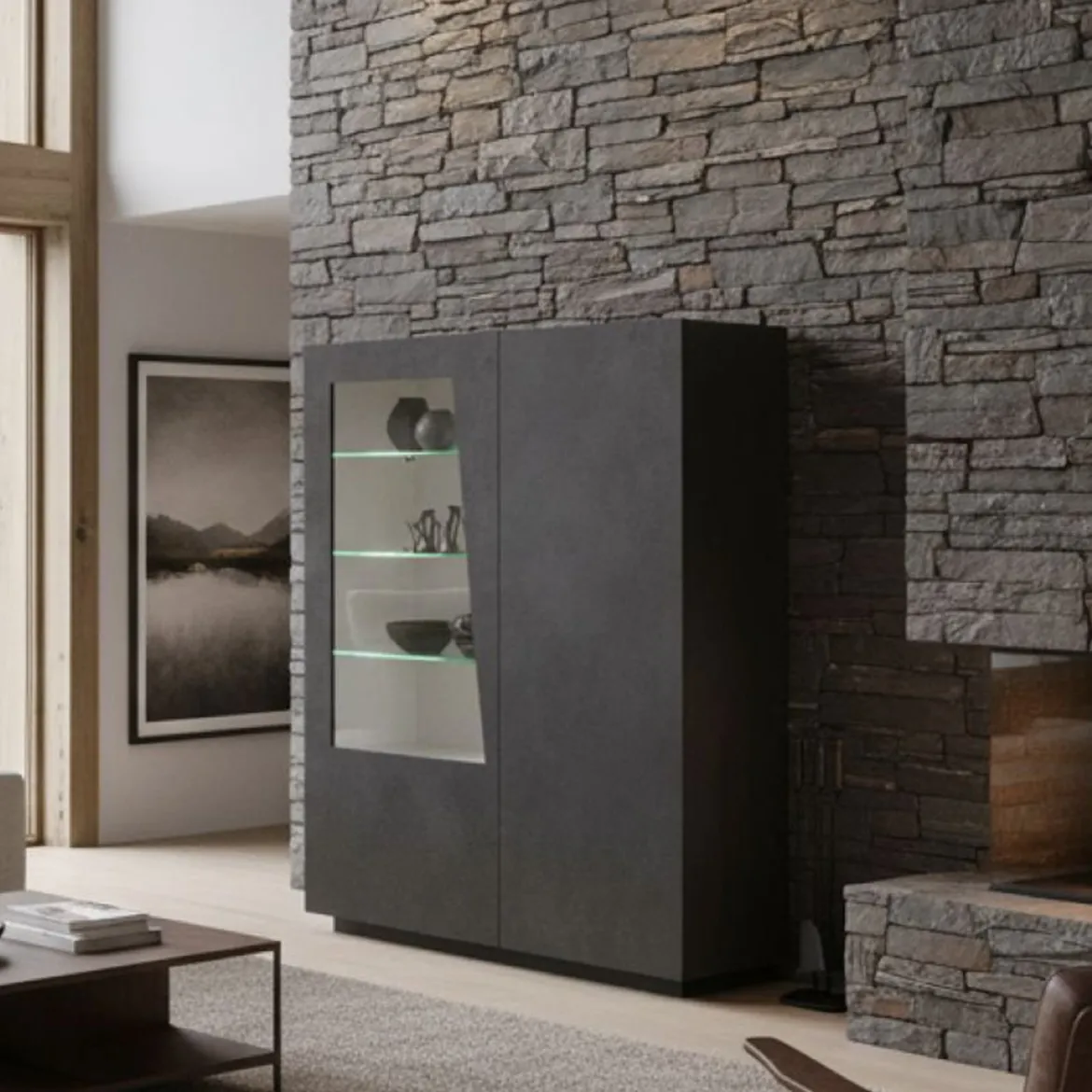 Mobile con vetrina moderno soggiorno 2 ante 120x43x146h cm ardesia - Ask