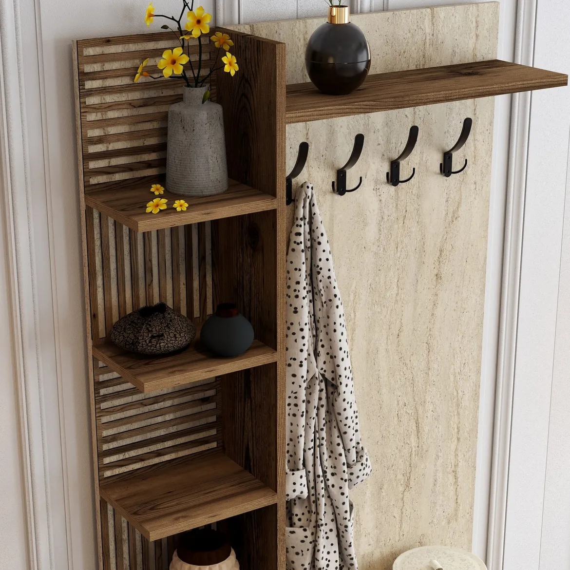 Mobile da Ingresso Beige Marmo Marrone Noce Appendiabiti 7 Ripiani 90x35x200h cm, Apertura Battente - Loceri