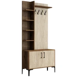Mobile da Ingresso Beige Marmo Marrone Noce Appendiabiti 7 Ripiani 90x35x200h cm, Apertura Battente - Loceri
