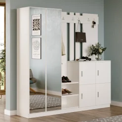 Mobile da Ingresso Beige Specchio Incluso Appendiabiti 187x38x180h cm, 9 Ripiani - Noviglio