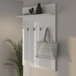 Mobile da Ingresso Bianco Bianco un Ripiano Appendiabiti 76x19.5x114h cm, Installazione Sospeso - Valdemone