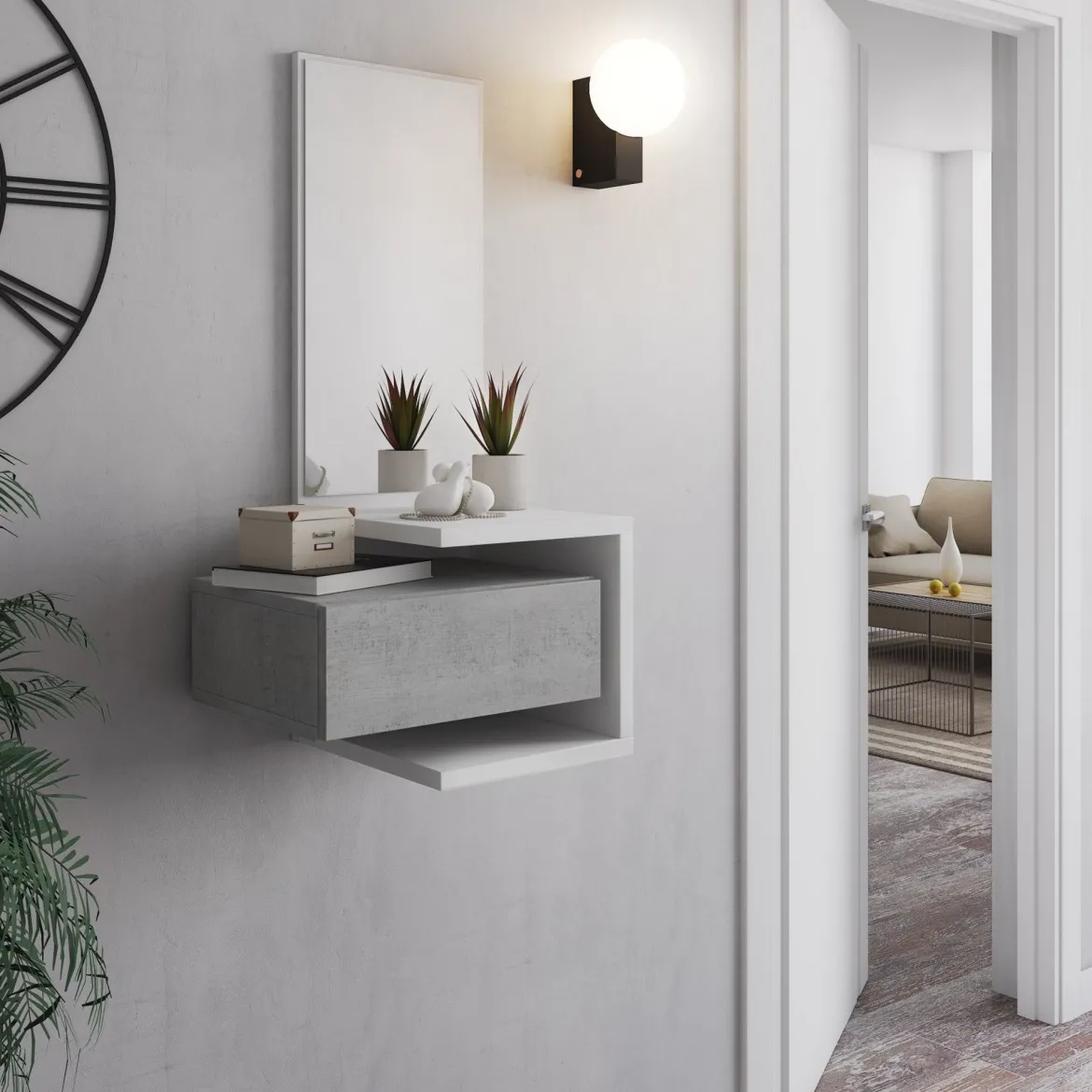 Mobile da Ingresso Bianco Grigio Cemento Specchio Incluso un Cassetto 43x32x90h cm, Installazione Sospesa - Tesero
