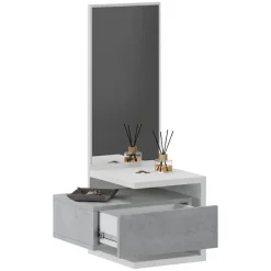 Mobile da Ingresso Bianco Grigio Cemento Specchio Incluso un Cassetto 43x32x90h cm, Installazione Sospesa - Tesero