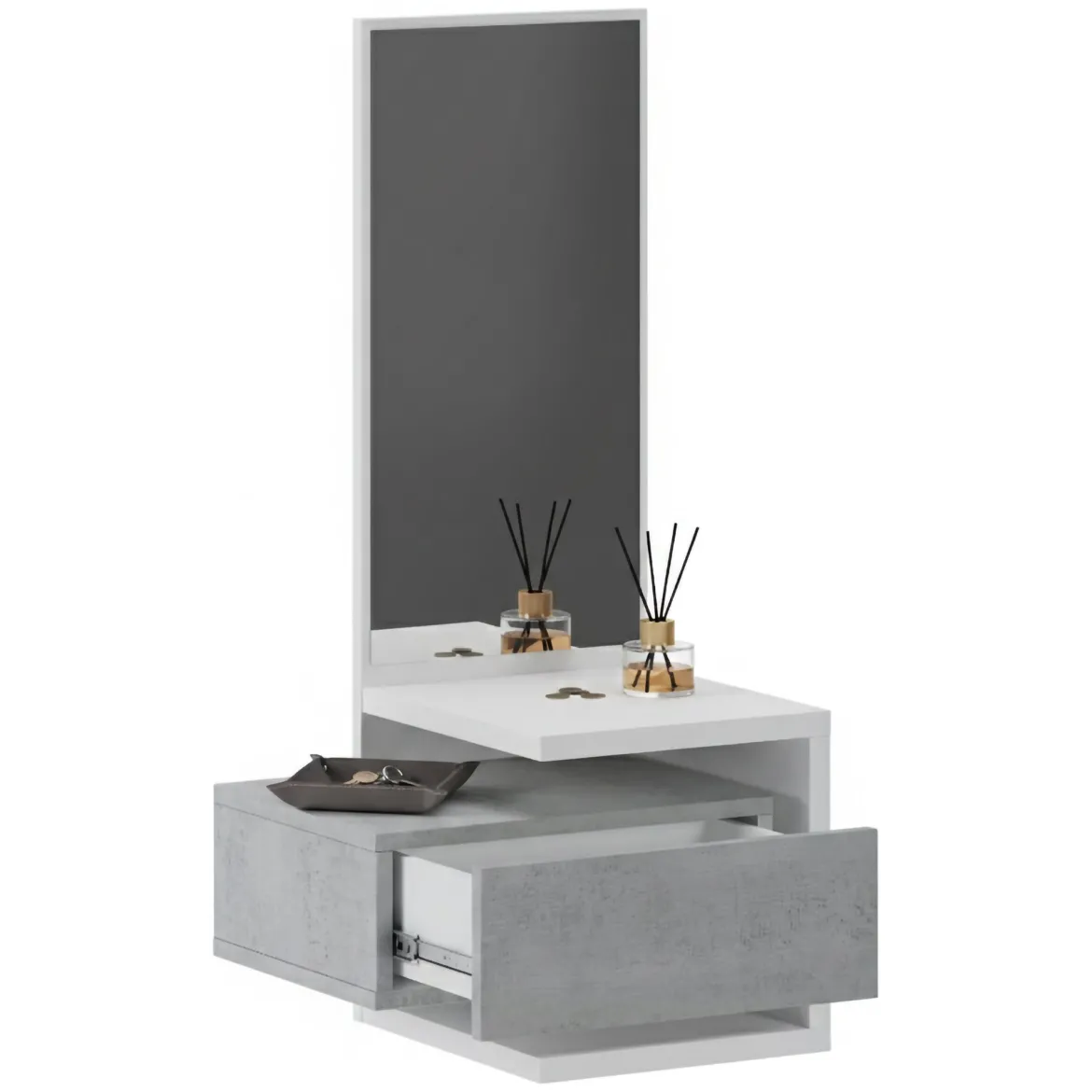 Mobile da Ingresso Bianco Grigio Cemento Specchio Incluso un Cassetto 43x32x90h cm, Installazione Sospesa - Tesero