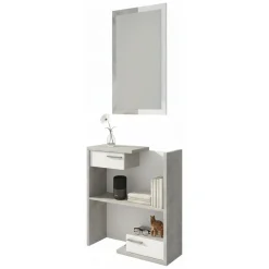 Mobile da Ingresso Bianco Grigio Cemento Specchio Incluso un Ripiano 83x29x190h cm, 2 Cassetti - Legionari