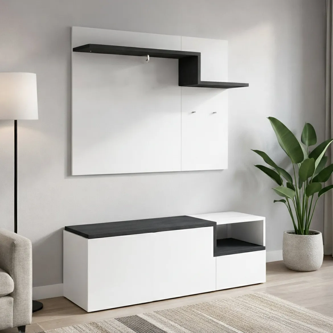 Mobile da Ingresso Bianco Lucido Marrone Acero 3 Ripiani Appendiabiti 120x40x154h cm, 2 Ante Made in Italy - Graziella