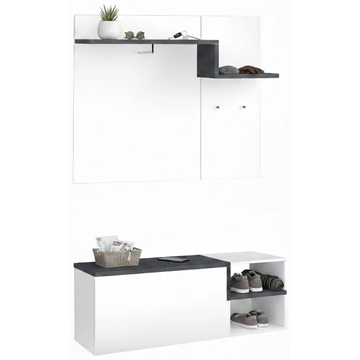 Mobile da Ingresso Bianco Lucido Marrone Acero 3 Ripiani Appendiabiti 120x40x154h cm, 2 Ante Made in Italy - Graziella