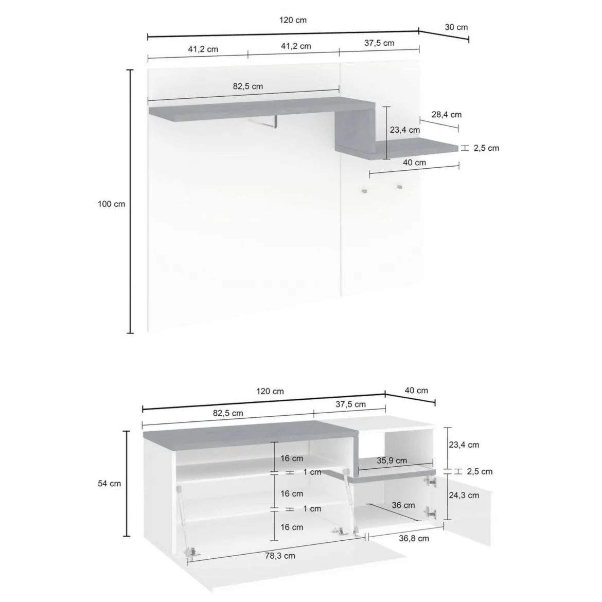Mobile da Ingresso Bianco Lucido Marrone Acero 3 Ripiani Appendiabiti 120x40x154h cm, 2 Ante Made in Italy - Graziella