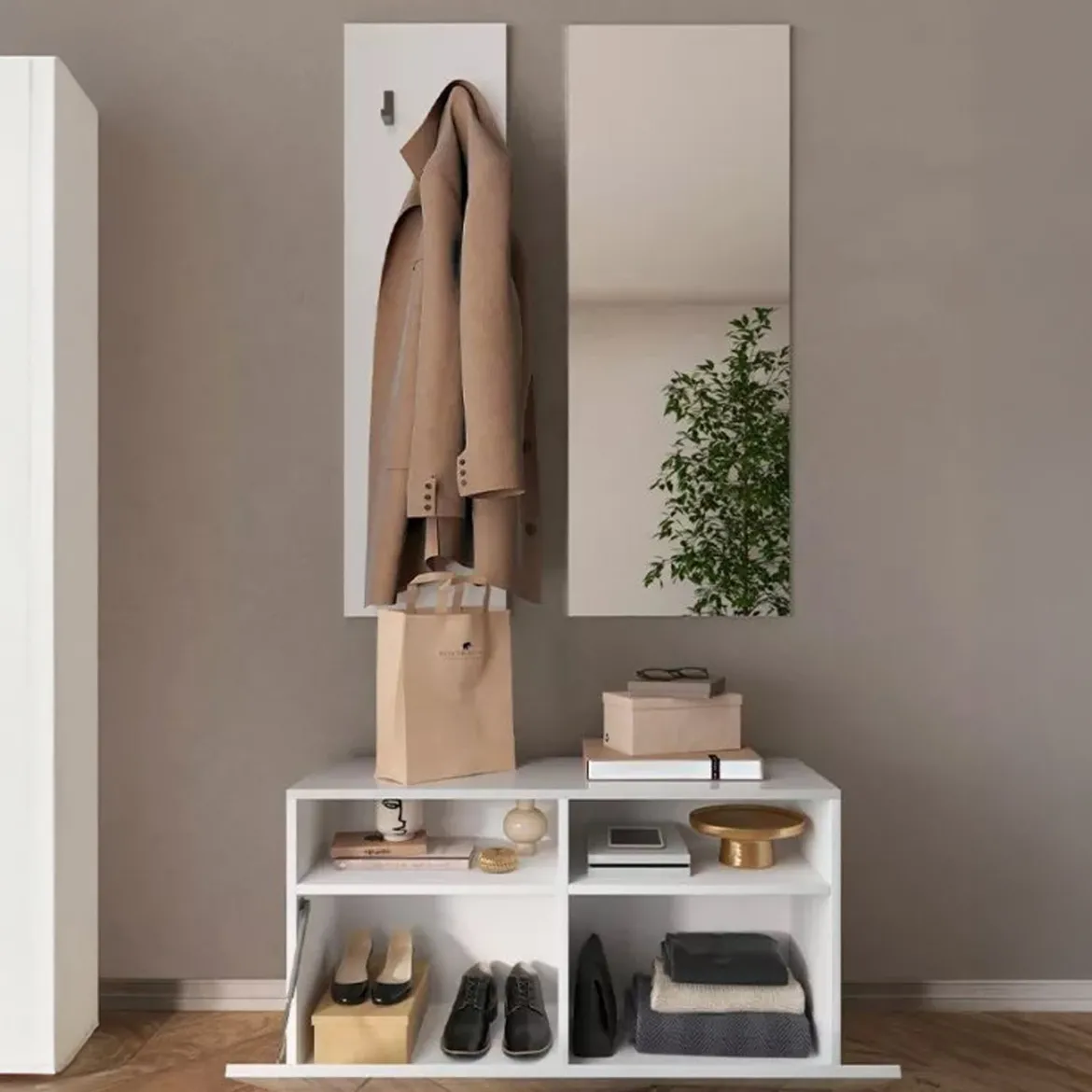 Mobile da Ingresso Bianco Lucido un Ripiano Appendiabiti 50x27x140h cm, Installazione Sospesa - Etesia
