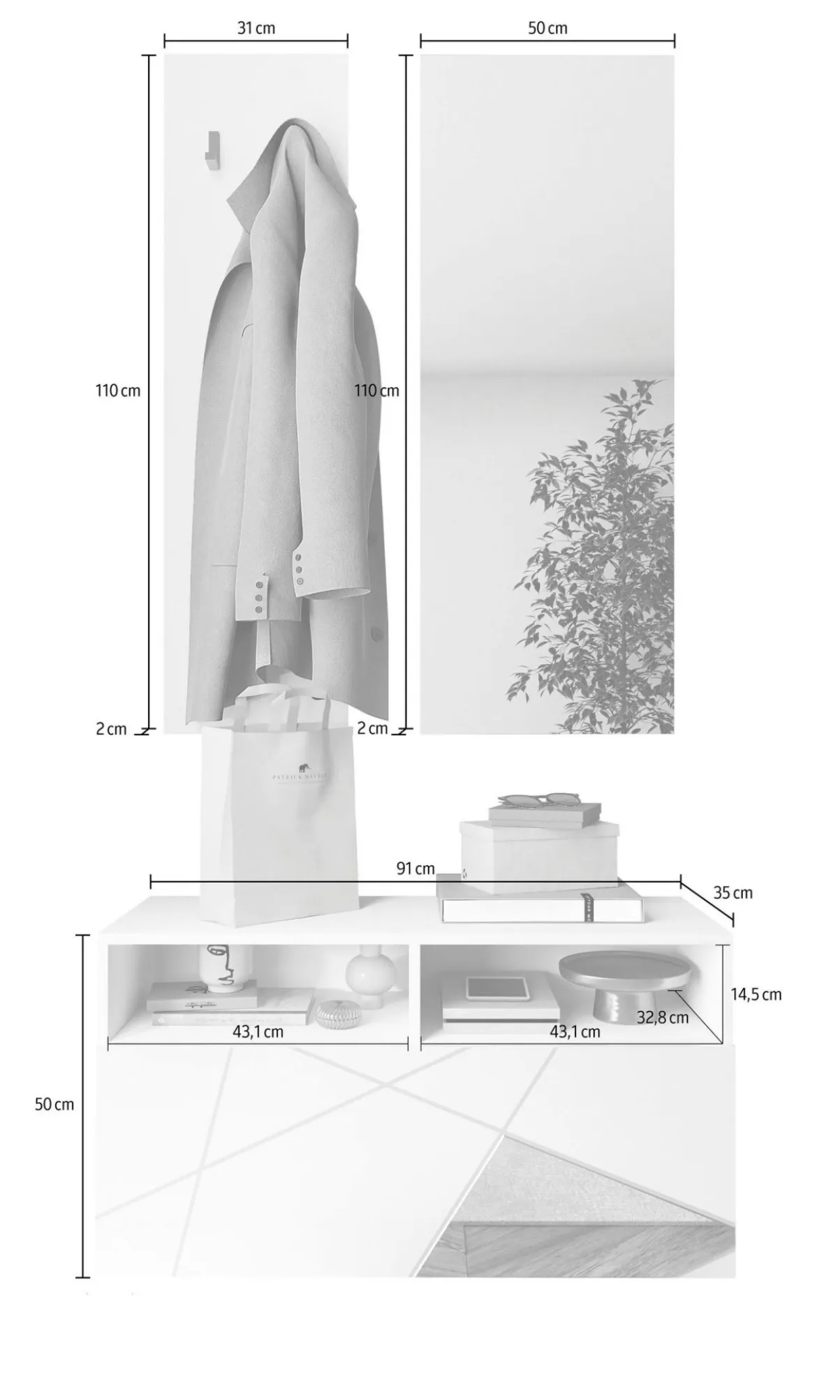 Mobile da Ingresso Bianco Lucido un Ripiano Appendiabiti 50x27x140h cm, Installazione Sospesa - Etesia