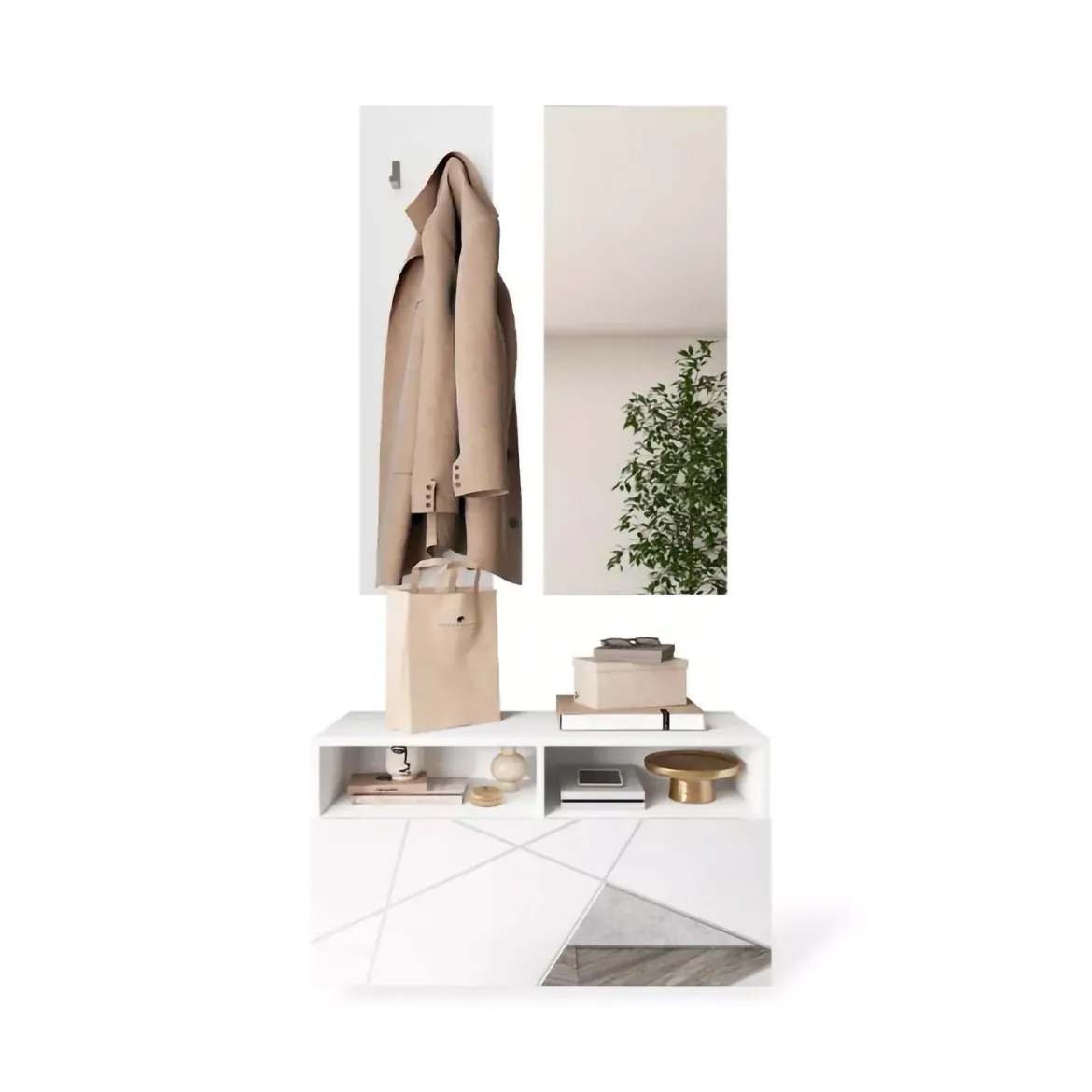 Mobile da Ingresso Bianco Lucido un Ripiano Appendiabiti 50x27x140h cm, Installazione Sospesa - Etesia