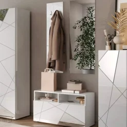 Mobile da Ingresso Bianco Lucido un Ripiano Appendiabiti 50x27x140h cm, Installazione Sospesa - Etesia