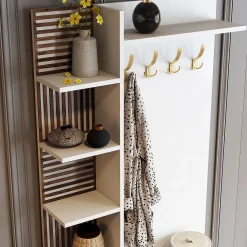 Mobile da Ingresso Bianco Marrone Noce Specchio Incluso Appendiabiti 120x38x199h cm, 11 Ripiani - Priero