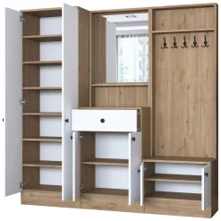 Mobile da Ingresso Bianco Marrone Noce Specchio Incluso Appendiabiti 179x36x183h cm, 11 Ripiani - Elmas
