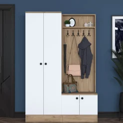 Mobile da Ingresso Bianco Marrone Rovere Nodi Specchio Incluso 3 Ripiani 91.5x28x202h cm, Appendiabiti - Viggiano