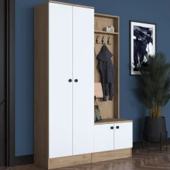 Mobile da Ingresso Bianco Marrone Rovere Nodi Specchio Incluso 3 Ripiani 91.5x28x202h cm, Appendiabiti - Viggiano