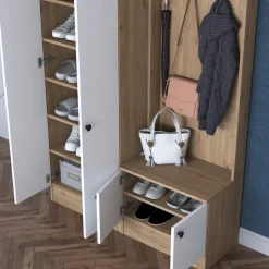 Mobile da Ingresso Bianco Marrone Rovere Nodi Specchio Incluso 3 Ripiani 91.5x28x202h cm, Appendiabiti - Viggiano