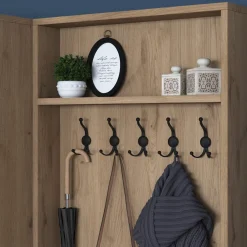 Mobile da Ingresso Bianco Marrone Rovere Nodi Specchio Incluso 3 Ripiani 91.5x28x202h cm, Appendiabiti - Viggiano