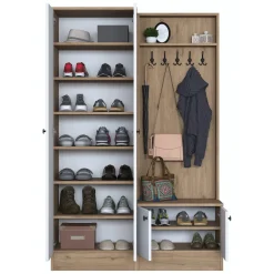 Mobile da Ingresso Bianco Marrone Rovere Nodi Specchio Incluso 3 Ripiani 91.5x28x202h cm, Appendiabiti - Viggiano
