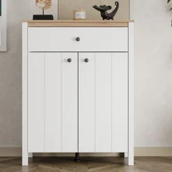 Mobile da Ingresso Bianco Marrone Rovere Nodi un Cassetto 2 Ripiani 86x40x111h cm, 2 Ante - Russel