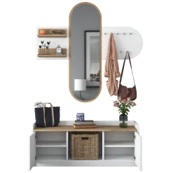 Mobile da Ingresso Bianco Marrone Rovere Specchio Incluso 5 Ripiani 120x40x45h cm, Appendiabiti - Crespino