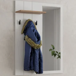 Mobile da Ingresso Bianco Marrone Rovere Specchio Incluso un Ripiano 77x20x102h cm, Appendiabiti - Kaikou