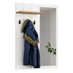 Mobile da Ingresso Bianco Marrone Rovere Specchio Incluso un Ripiano 77x20x102h cm, Appendiabiti - Kaikou