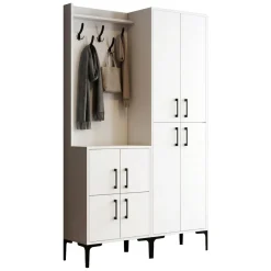 Mobile da Ingresso Bianco Nero Appendiabiti 7 Ripiani 120x35x200h cm, Apertura Battente - Fondra