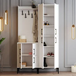 Mobile da Ingresso Bianco Nero Appendiabiti 7 Ripiani 120x35x200h cm, Apertura Battente - Fondra