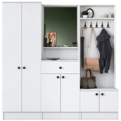 Mobile da Ingresso Bianco Nero Specchio Incluso Appendiabiti 179x37x183h cm, 11 Ripiani - Manzano