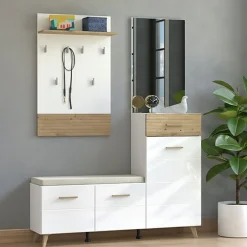 Mobile da Ingresso Bianco Opaco Marrone Rovere Nodi Specchio Incluso un Cassetto 141x35x189.5h cm, 6 Ripiani - Longa