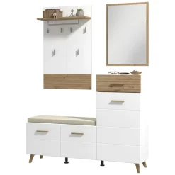 Mobile da Ingresso Bianco Opaco Marrone Rovere Nodi Specchio Incluso un Cassetto 141x35x189.5h cm, 6 Ripiani - Longa